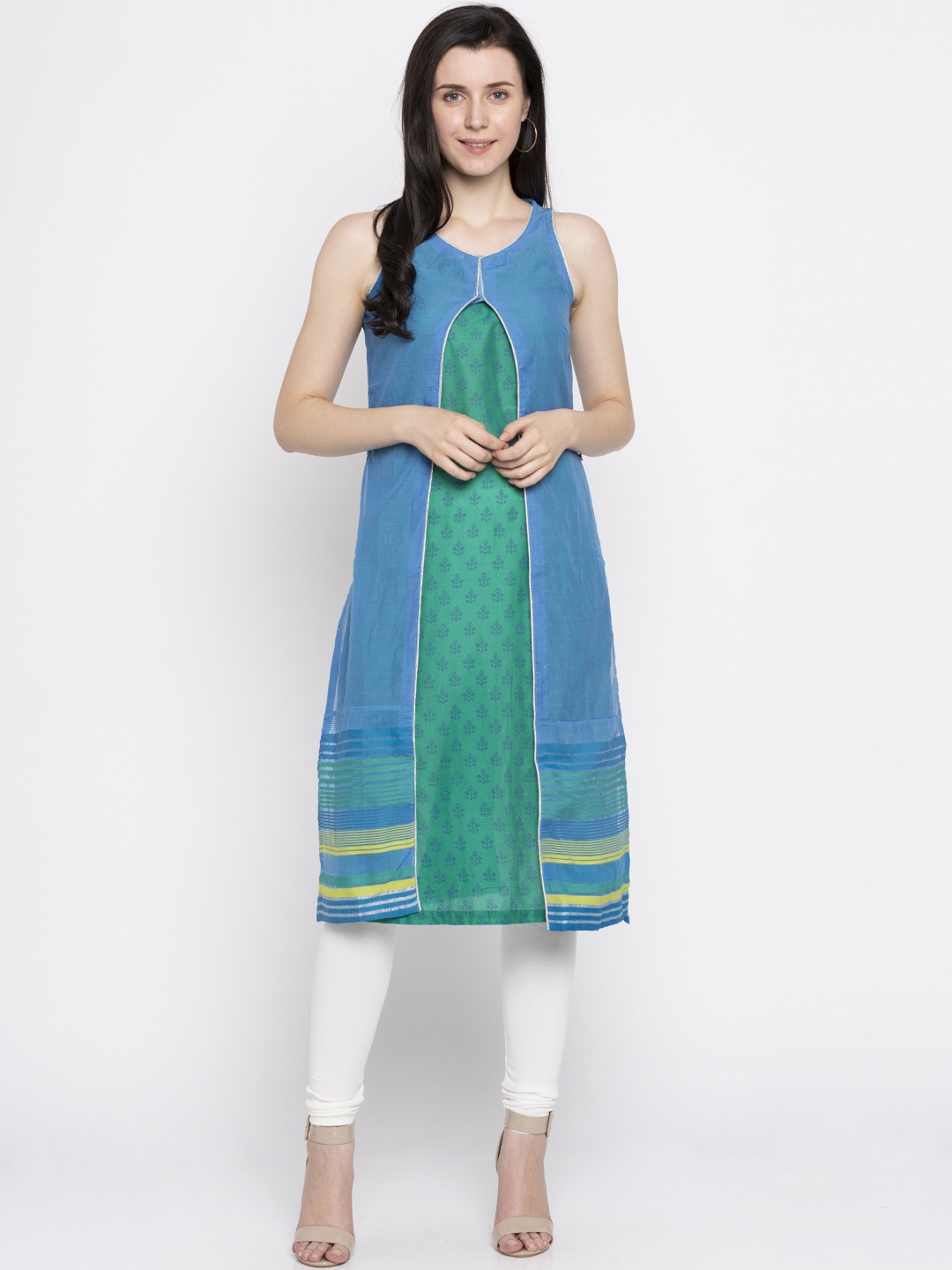 

Biba Women Blue & Green Printed Straight Layered Kurta