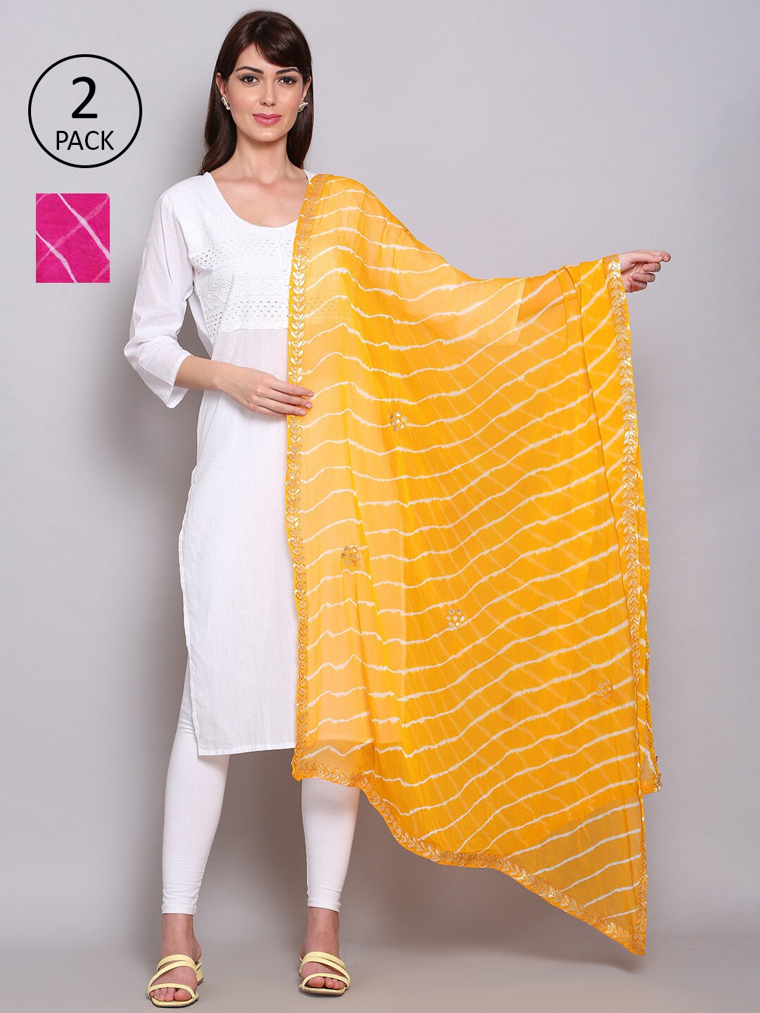 

Miaz Lifestyle Yellow & Pink Printed Leheriya Dupatta with Chikankari
