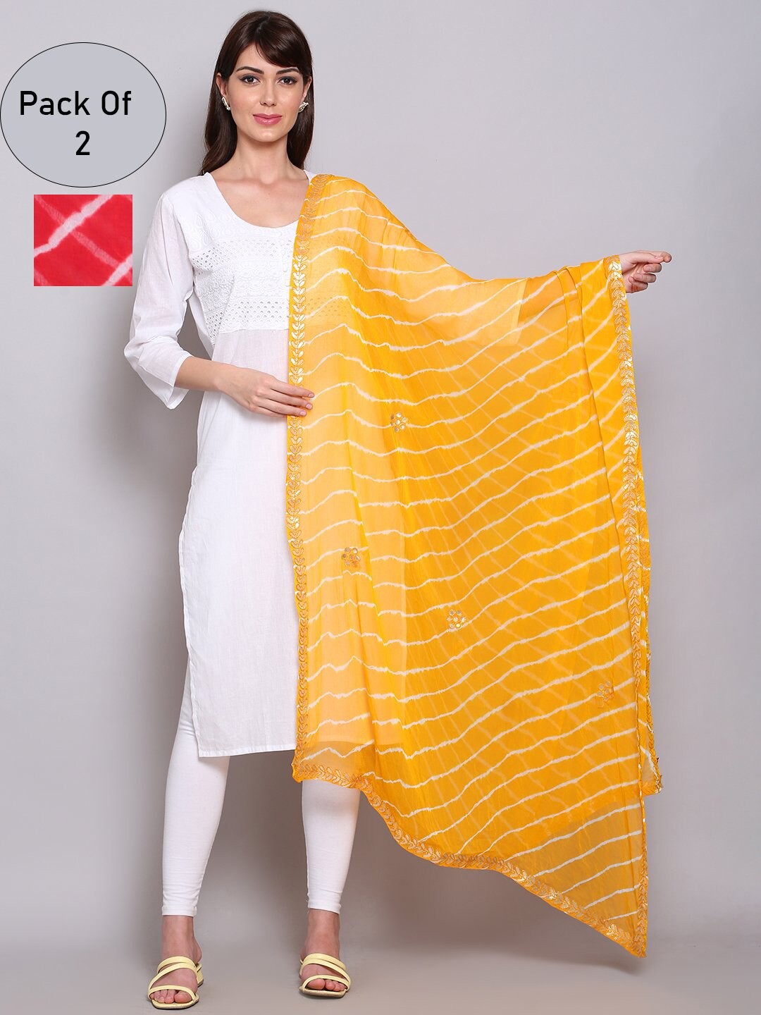 

Miaz Lifestyle Yellow & Pink Printed Leheriya Dupatta with Chikankari