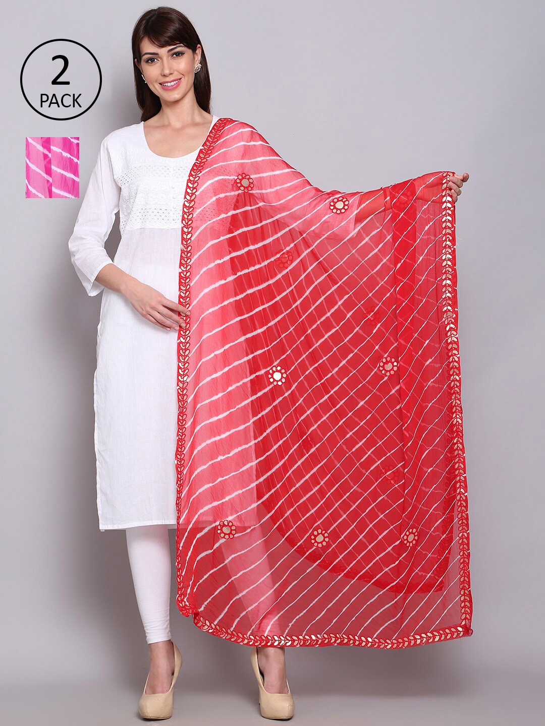 

Miaz Lifestyle Red & Pink Printed Leheriya Dupatta with Chikankari