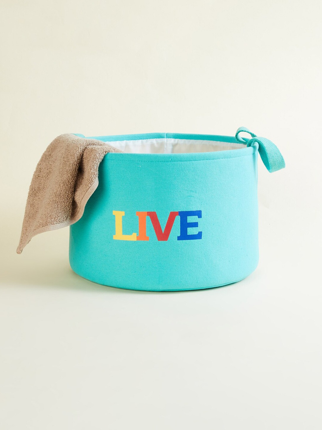 

Home Centre Glance Teal Blue Printed Cotton Laundry Basket