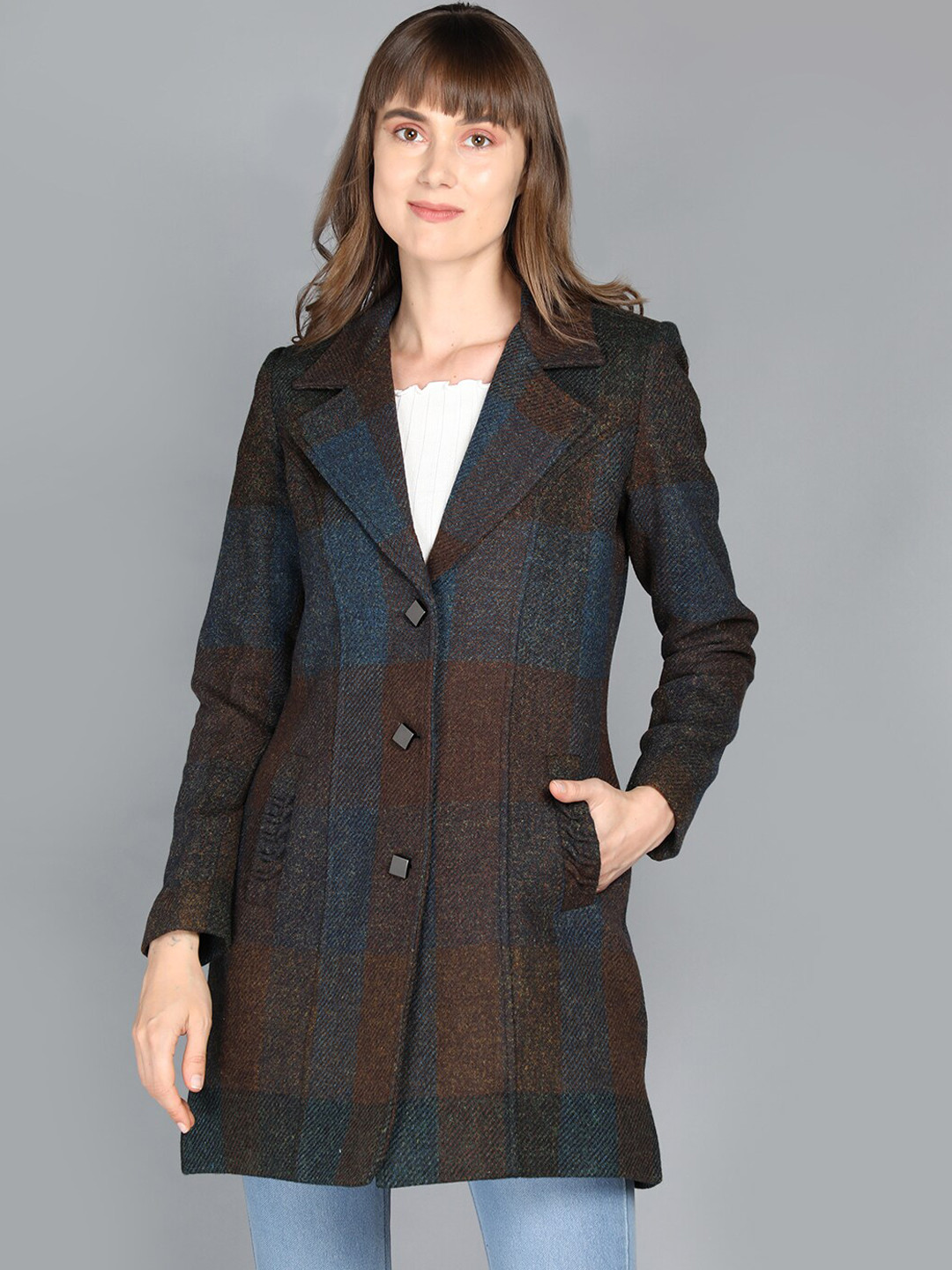 

LEBORK Women Blue & Brown Checked Long Coat
