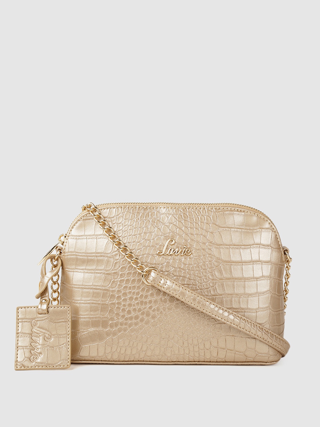 

Lavie Women Hemigloss Rose Gold-Toned Crocodile Textured Structured Sling Bag