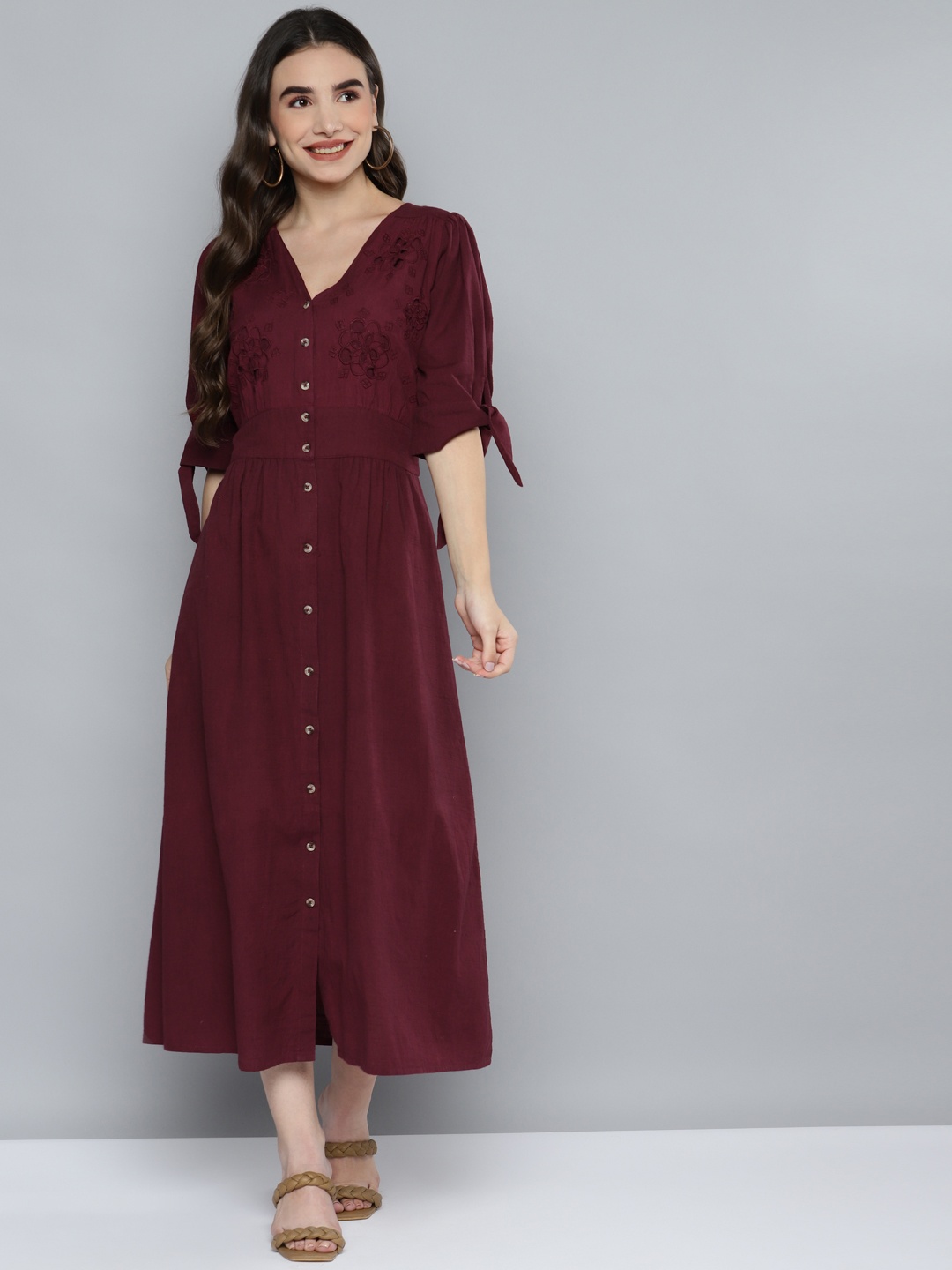 

SCOUP Maroon Floral Embroidered Pure Cotton A-Line Maxi Dress
