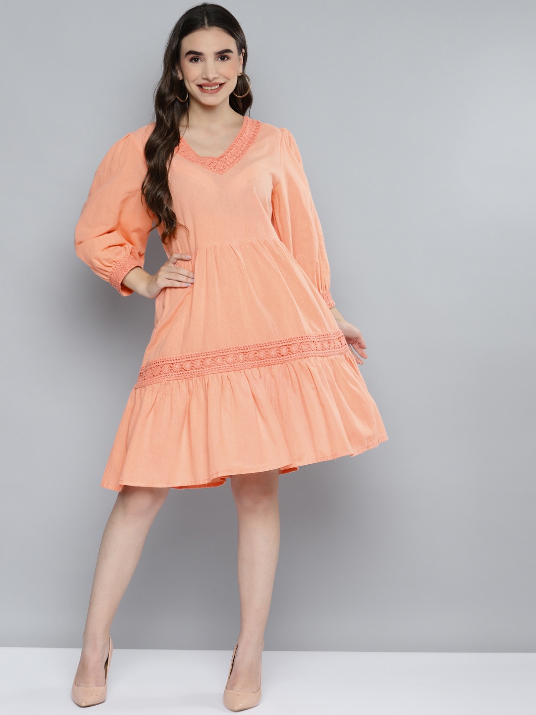 

SCOUP Peach-Coloured Solid Pure Cotton A-Line Dress