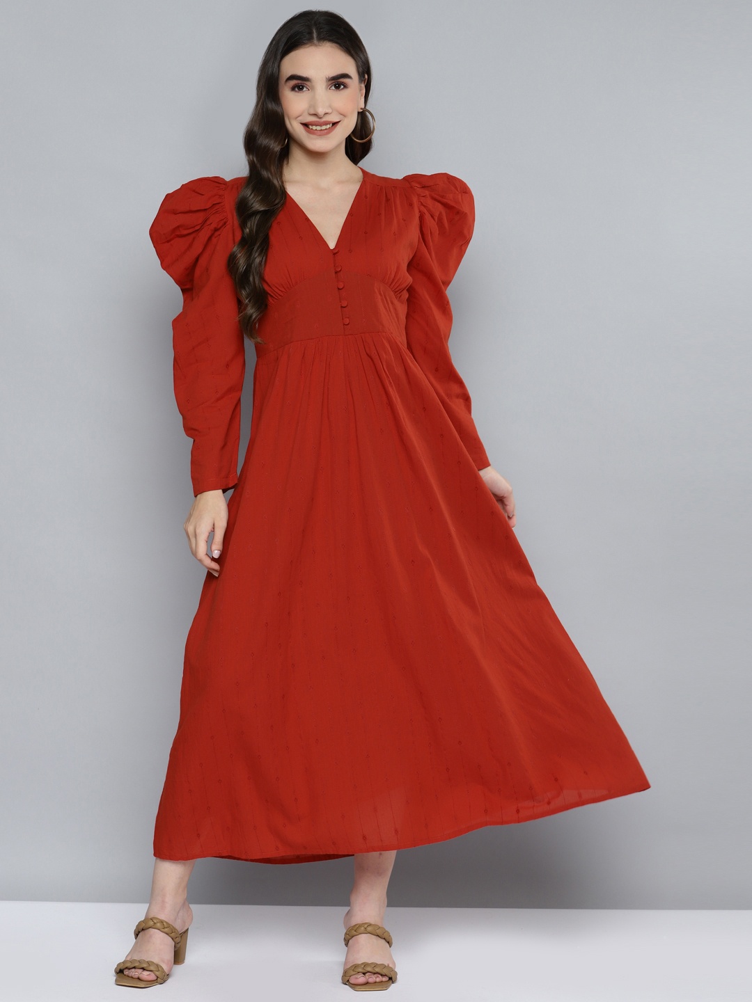 

SCOUP Red Woven Design Pure Cotton A-Line Maxi Dress