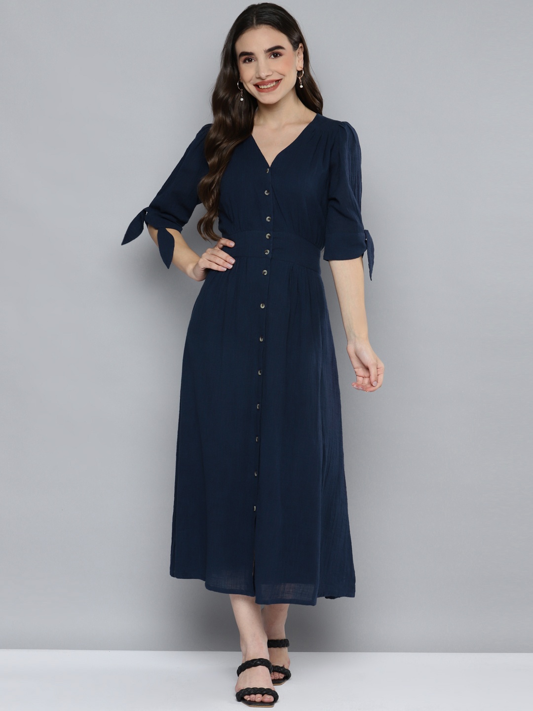 

SCOUP Navy Blue Solid A-Line Maxi Dress