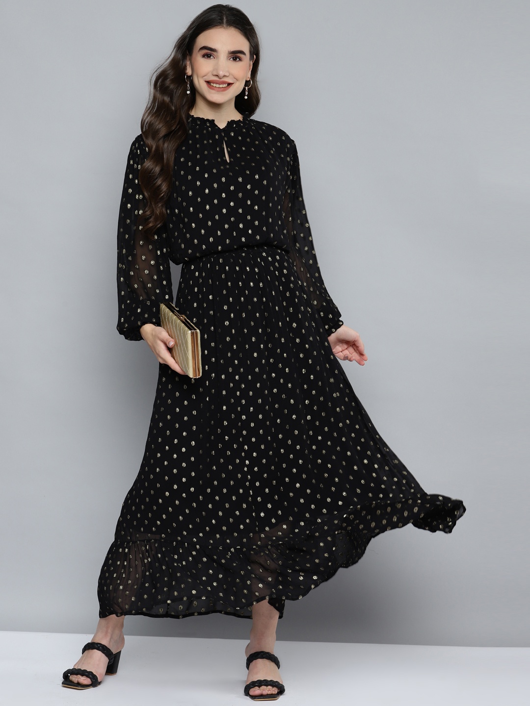 

SCOUP Black & Golden Geometric Woven Design Georgette A-Line Maxi Dress