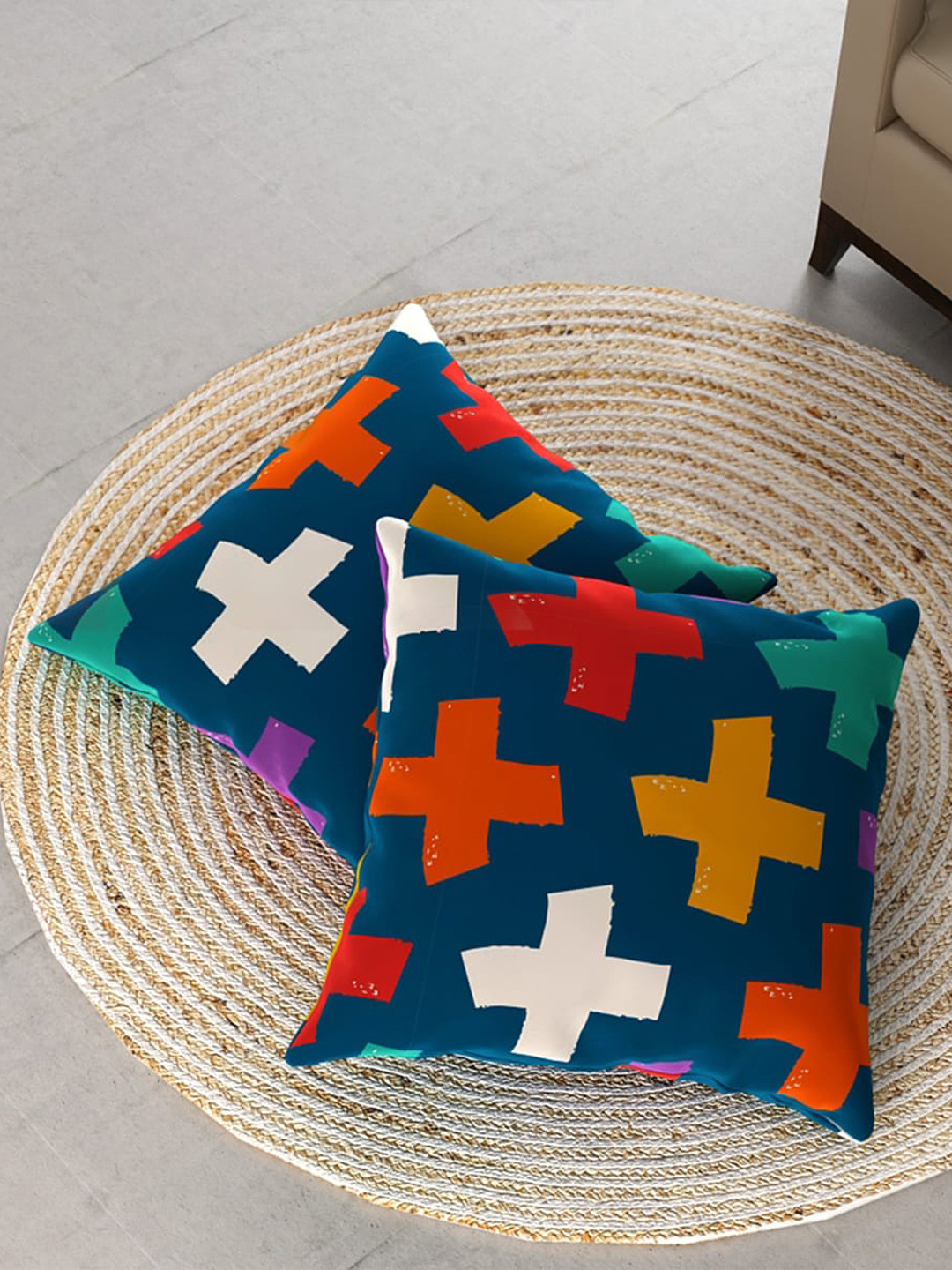 

Home Centre Set Of 2 Blue & Red Printed Cushion With Filler