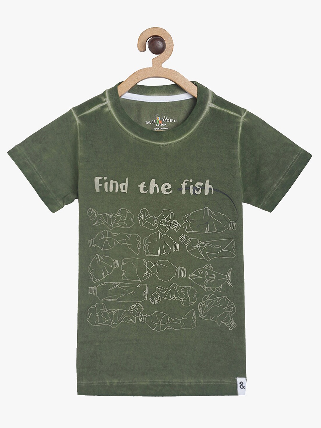 

TALES & STORIES Boys Olive Green Typography Printed T-shirt