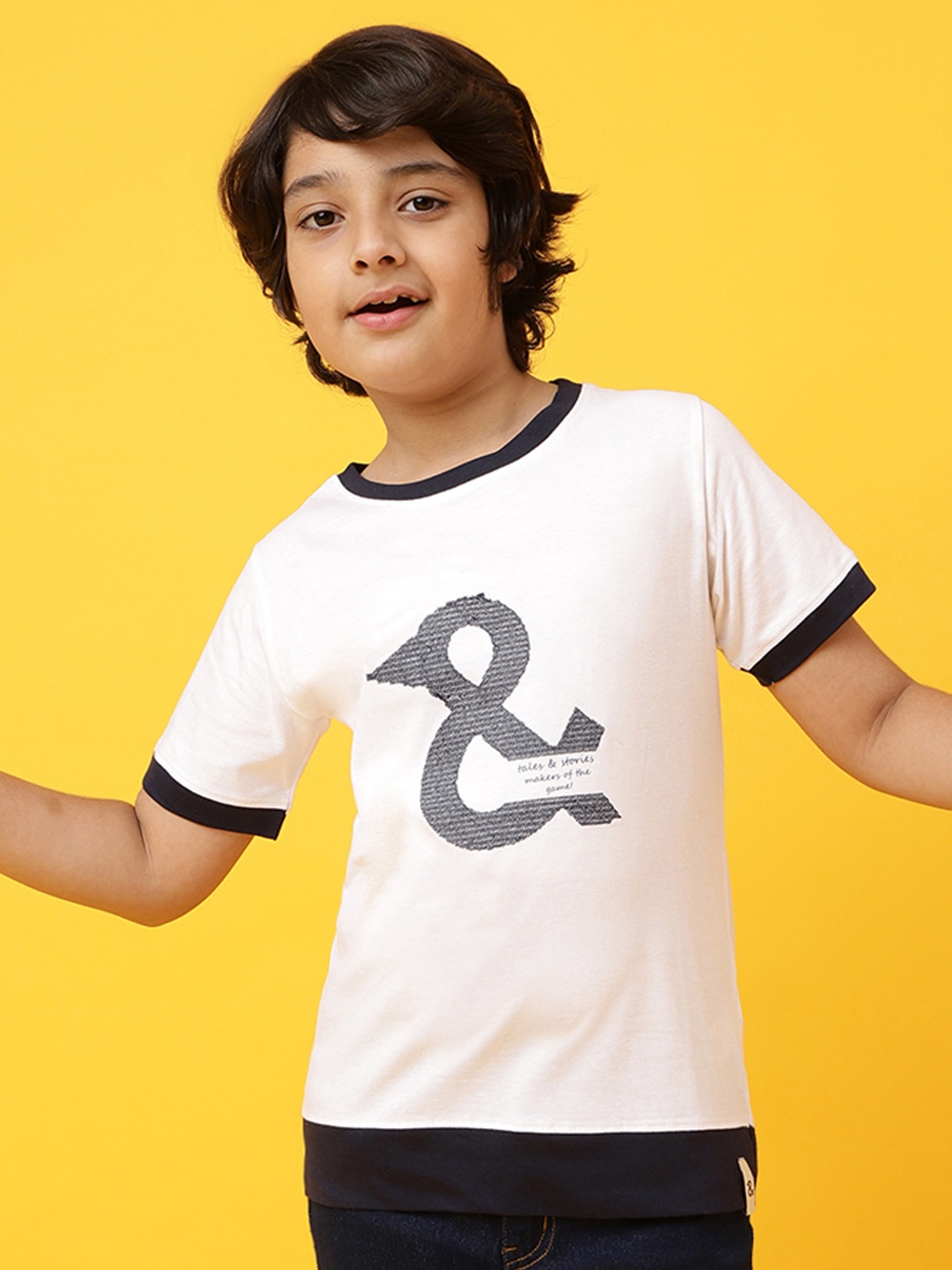 

TALES & STORIES Boys White & Navy Blue Typography Printed T-shirt