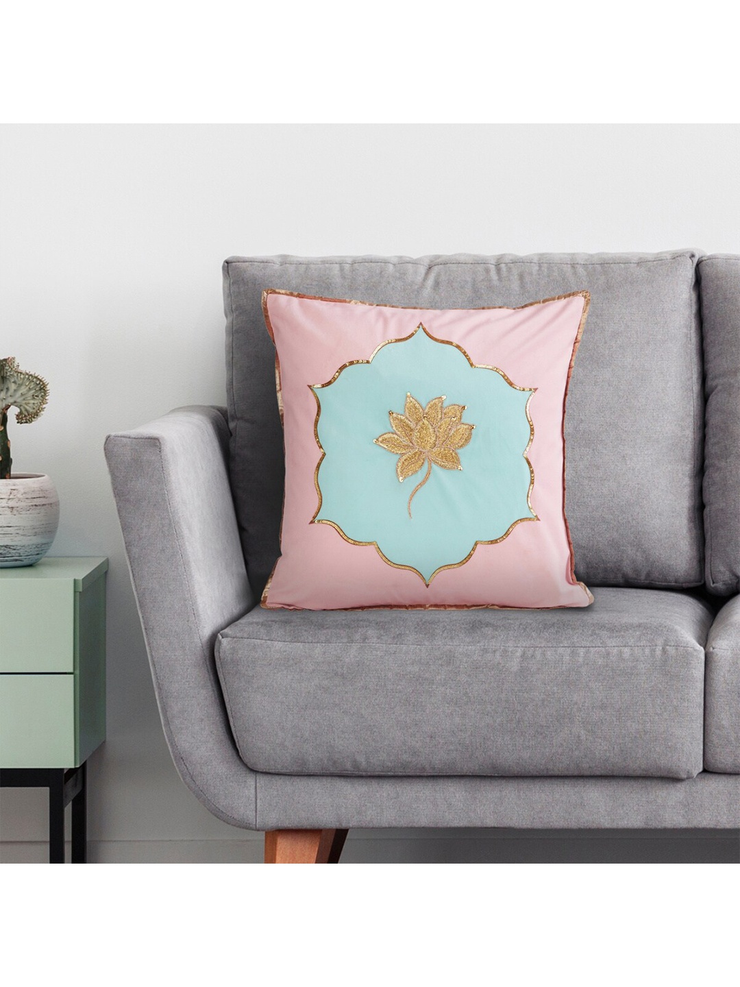 

Home Centre Pink & Blue Pink Lotus Embellished Square Cushion Covers