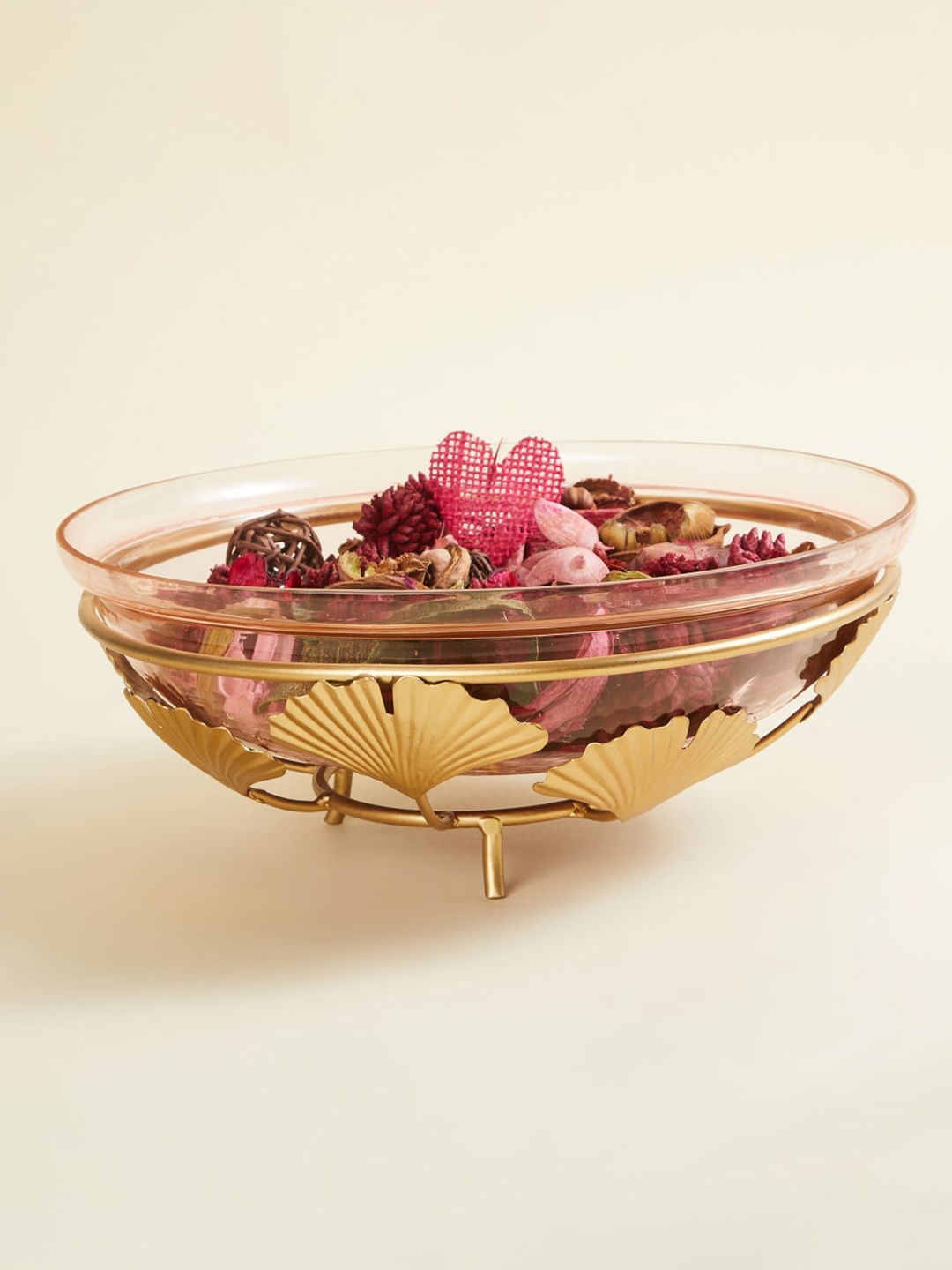 

Home Centre Gold-Toned Gold Leaf Detailed Decorative Metal Stand With Glass Bowl