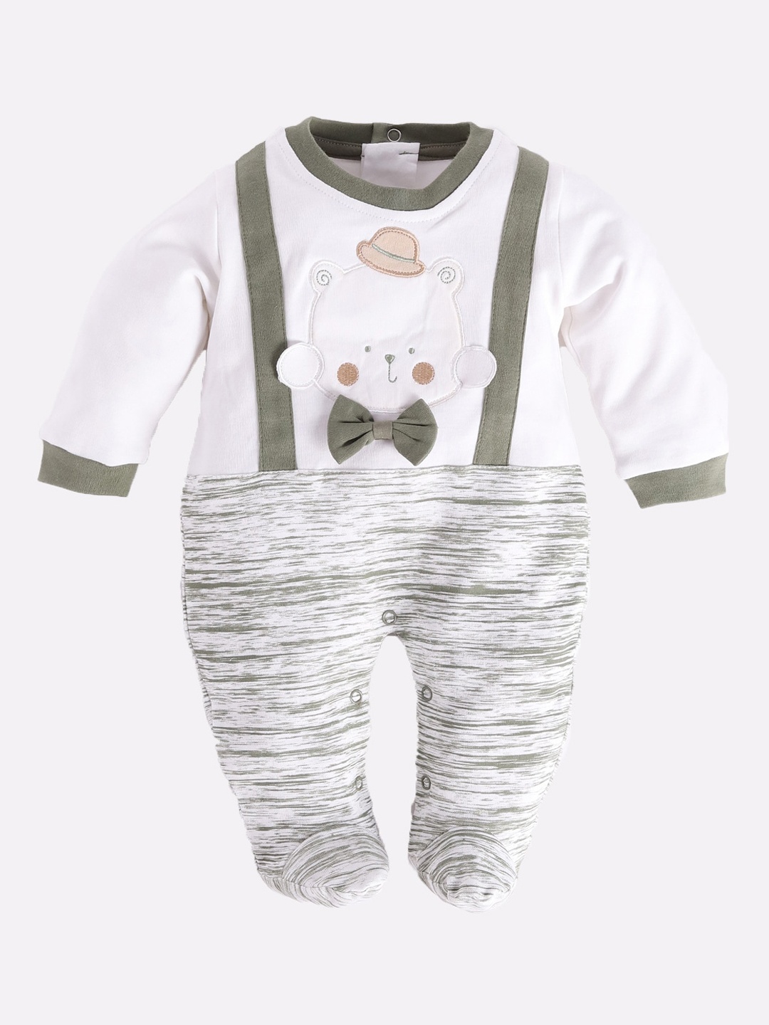 

BABY GO Infant Boys Olive Green & White Printed Full Sleeves Cotton Sleepsuit