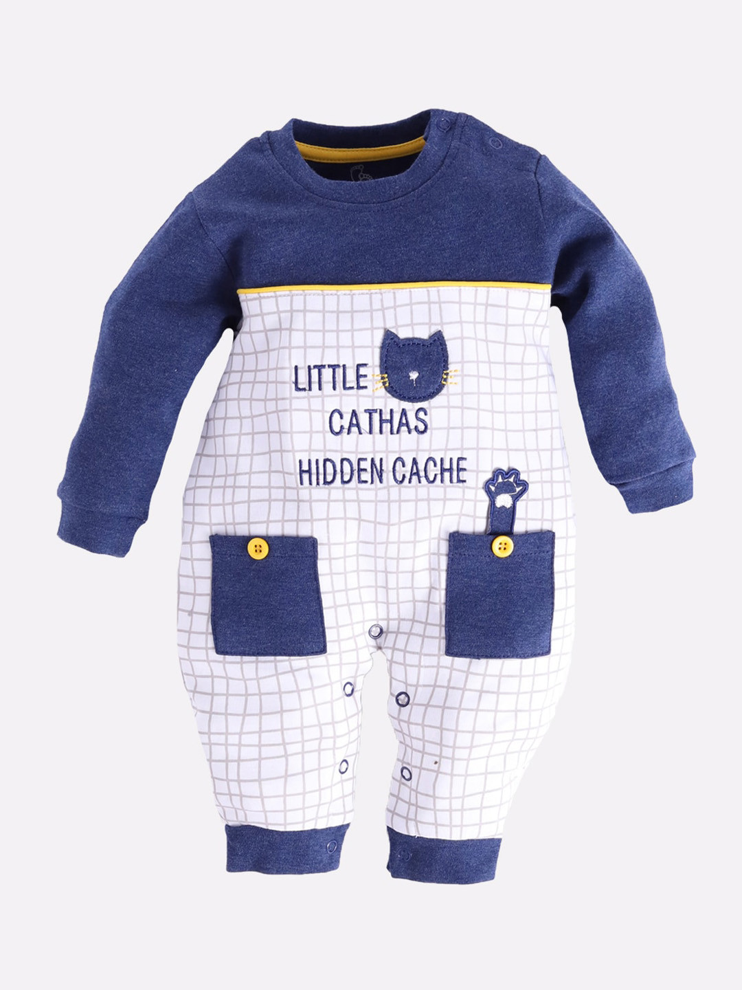 

BABY GO Infant Boy White & Navy Blue Printed Cotton Rompers