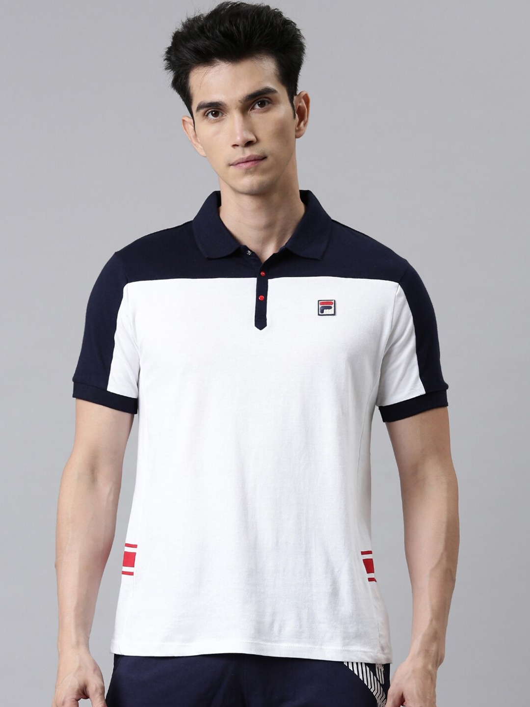 

FILA Men White Colourblocked Polo Collar Extended Sleeves Applique T-shirt