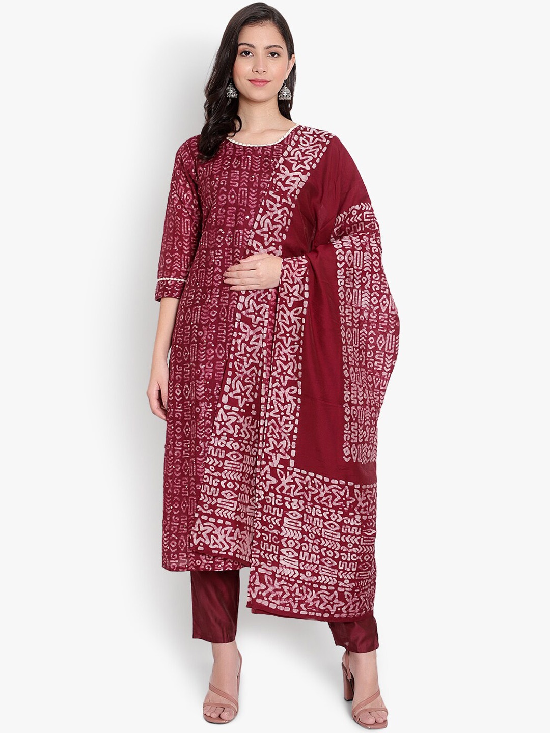 

heemara Women Maroon Ethnic Motifs Printed Kurta with Trousers & With Dupatta