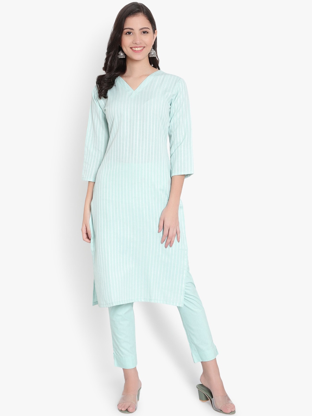 

heemara Women Sea Green Striped Pure Cotton Kurta with Trousers