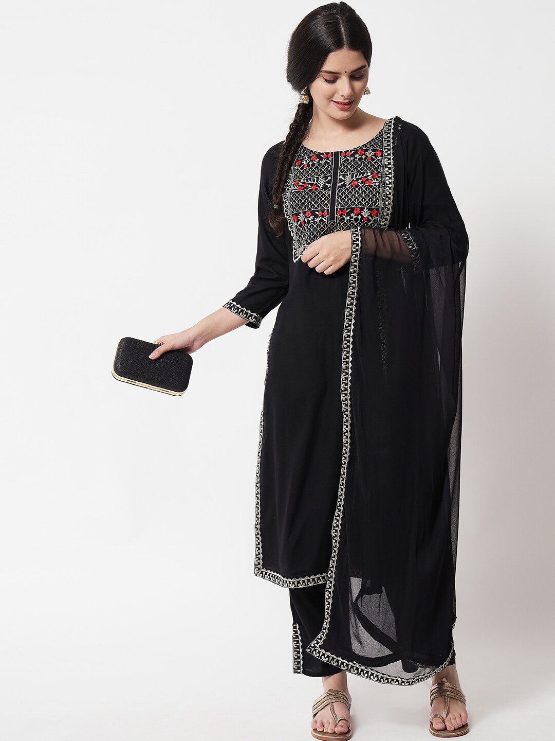 

IkDaiya Women Black Embroidered Kurta with Palazzos & With Dupatta