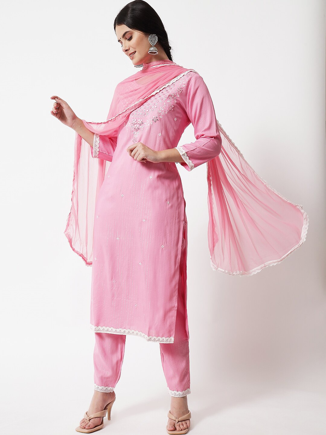 

IkDaiya Women Pink Floral Yoke Design Mirror Work Kurta with Trousers & With Dupatta