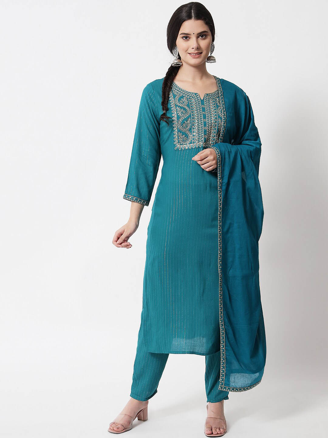

IkDaiya Women Turquoise Blue Floral Yoke Design Gotta Patti Kurta with Trousers & With Dupatta