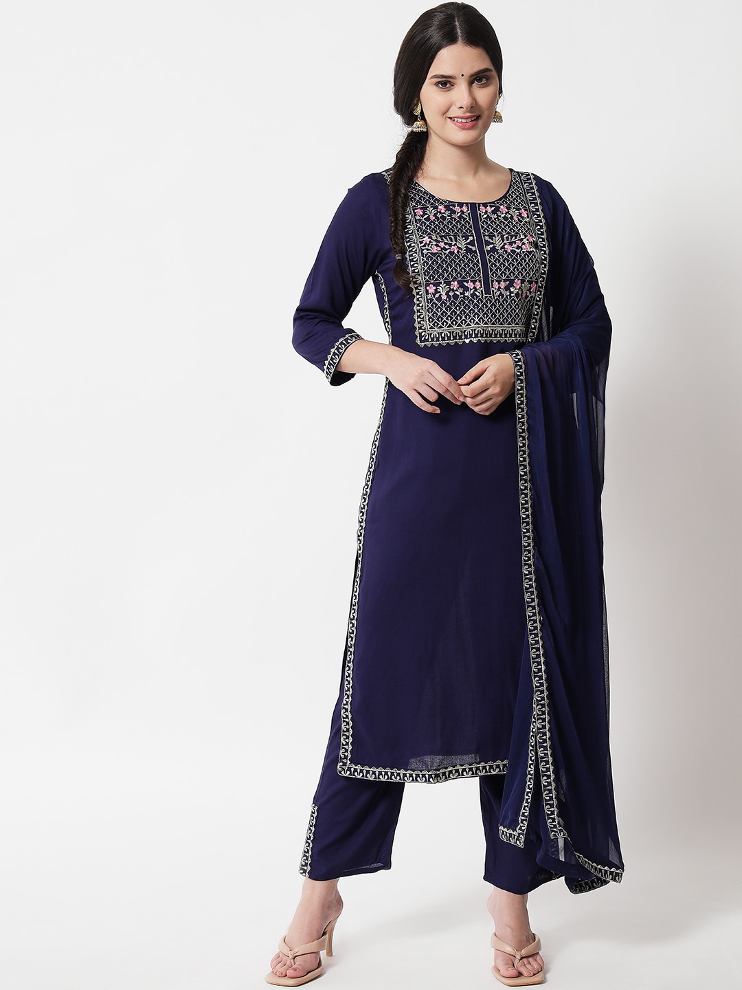 

IkDaiya Women Blue Ethnic Motifs Embroidered Kurta with Trousers & With Dupatta