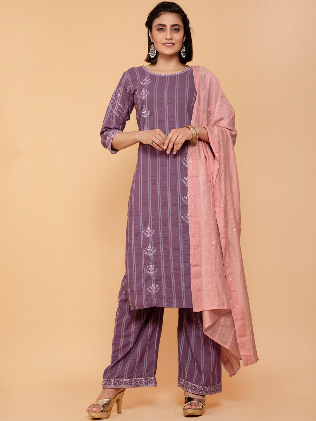 

POONAM DESIGNER Women Purple Ethnic Motifs Embroidered Beads and Stones Kurta with Palazzos & With Dupatta