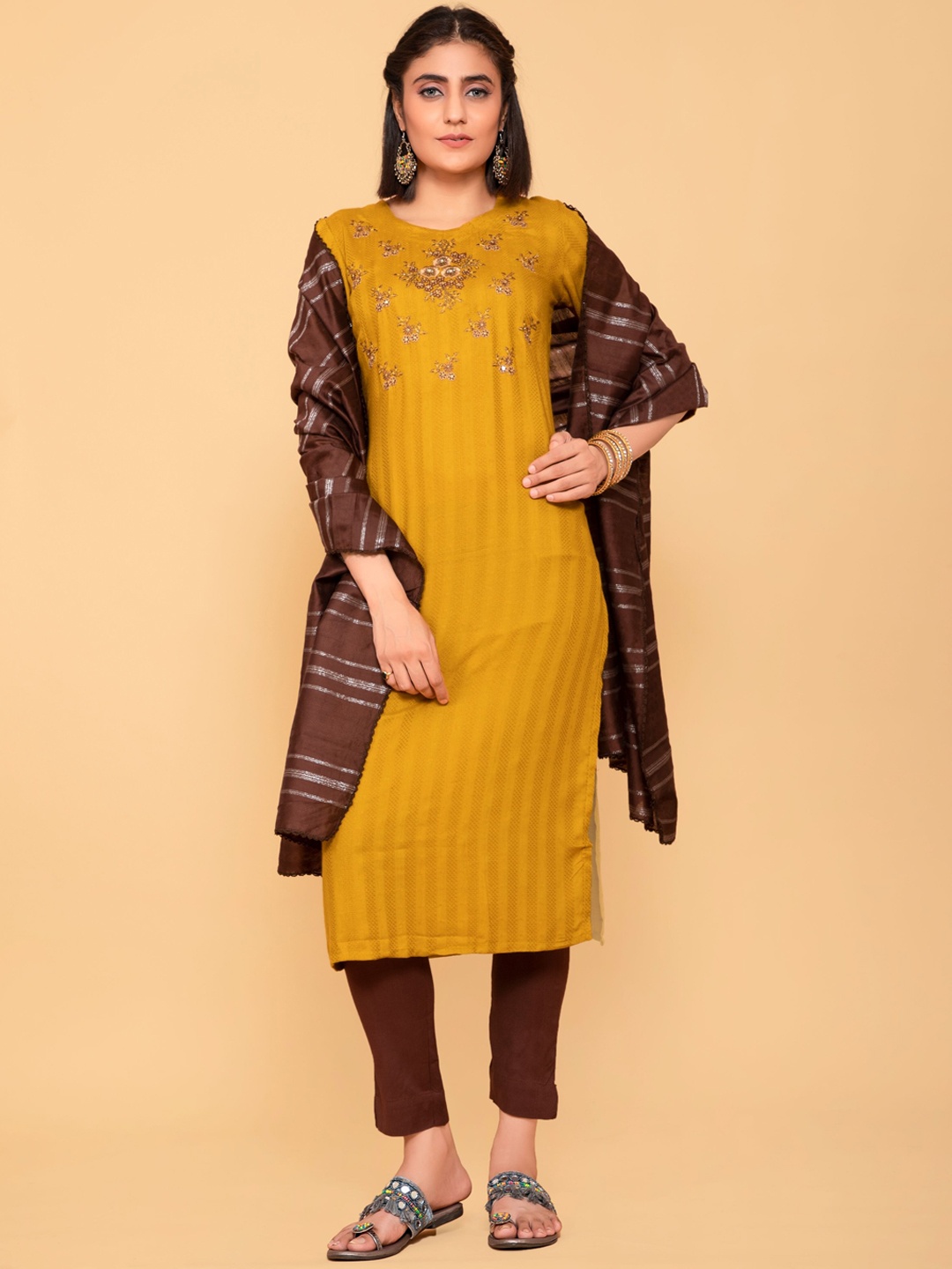 

POONAM DESIGNER Women Mustard Yellow Floral Embroidered Thread Work Pure Cotton Kurta with Trousers & With