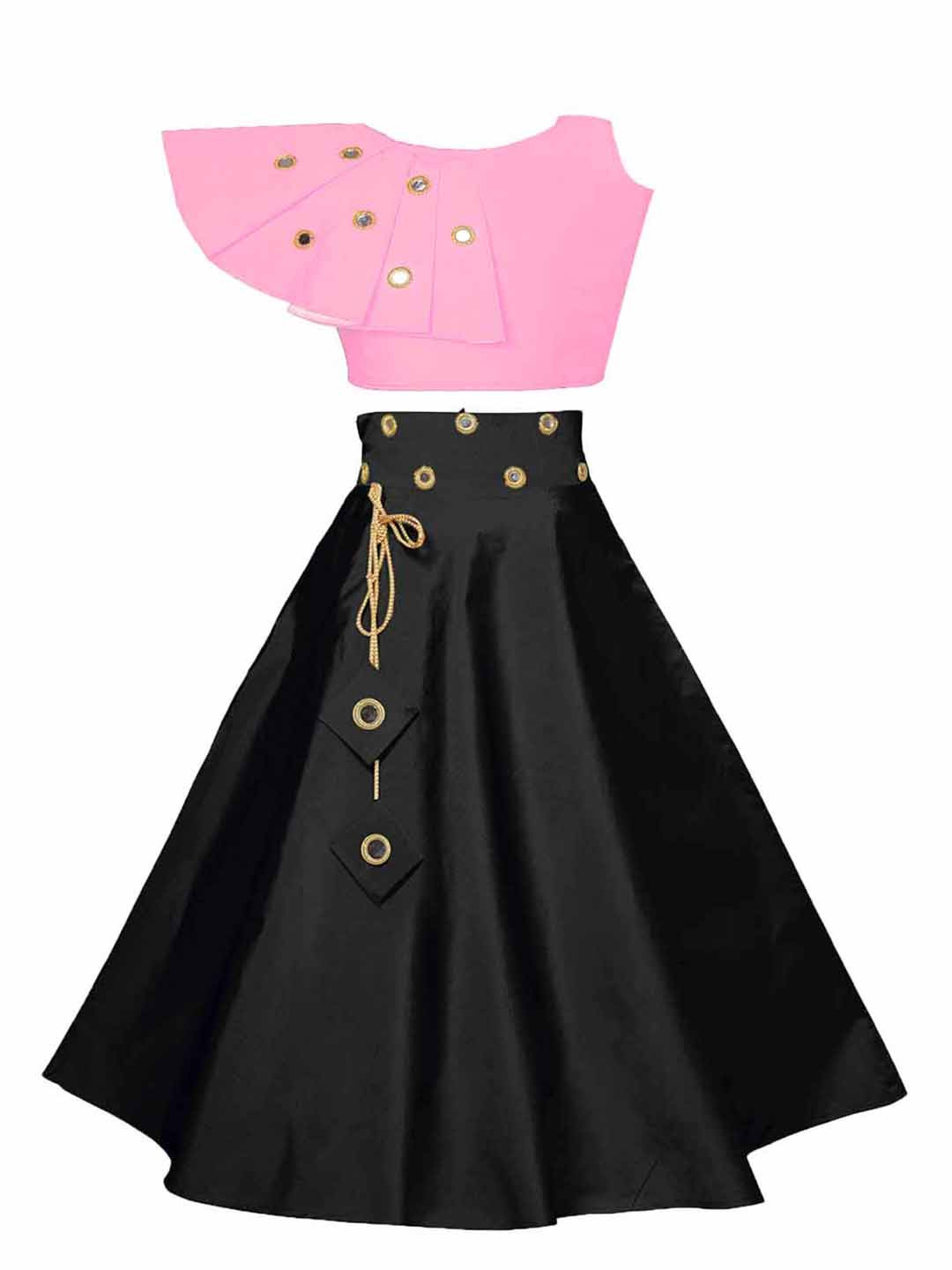 

White World Girls Pink & Black Embroidered Mirror Work Ready to Wear Lehenga & Choli