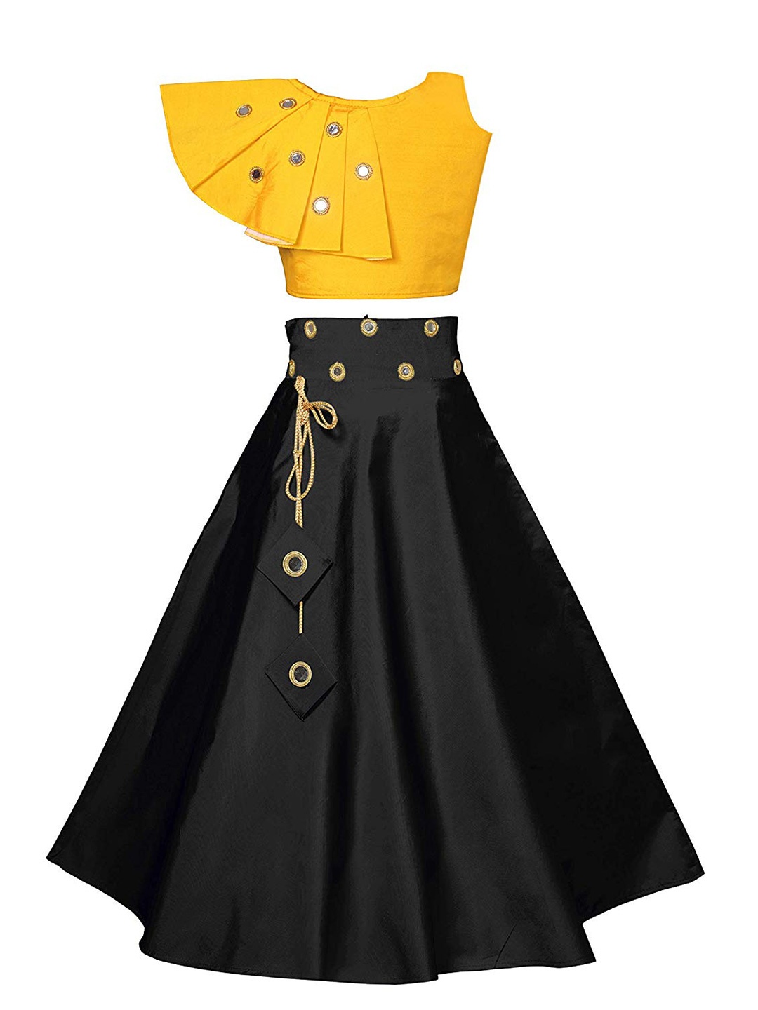 

White World Girls Yellow & Black Mirror Work Ready to Wear Lehenga &