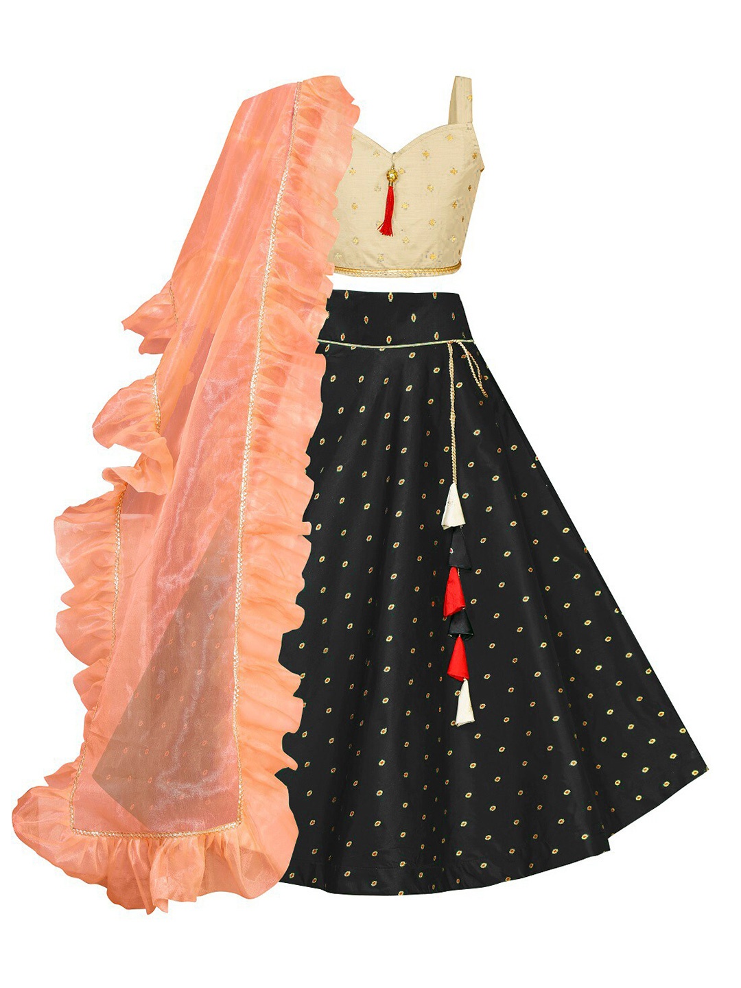 

White World Girls Black & Cream-Coloured Ready to Wear Lehenga & Blouse With Dupatta