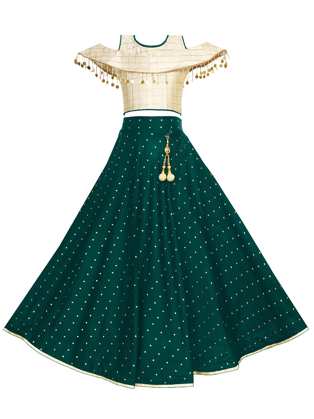 

White World Girls Green & Beige Mukaish Ready to Wear Lehenga &