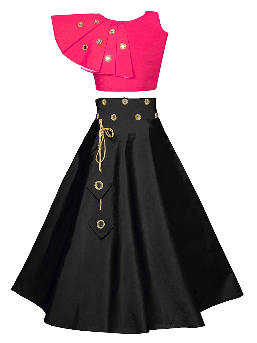 

White World Girls Magenta & Black Mirror Work Ready to Wear Lehenga &