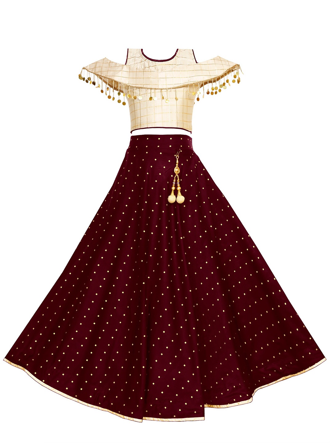 

White World Girls Maroon & Beige Mukaish Ready to Wear Lehenga &