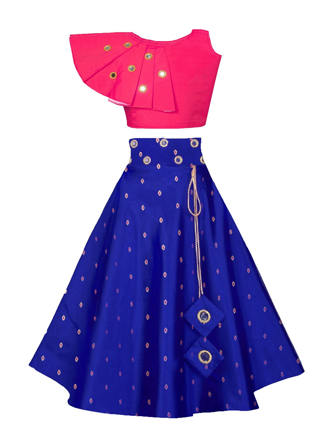 

White World Girls Magenta & Blue Mirror Work Ready to Wear Lehenga &