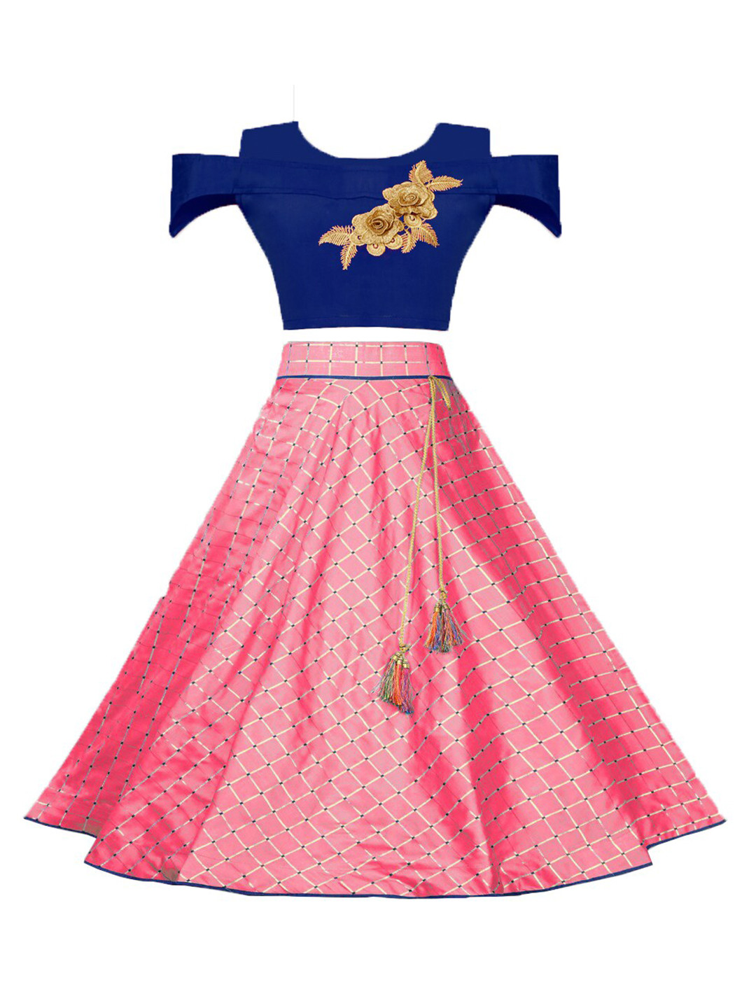 

White World Girls Coral & Blue Patchwork Ready to Wear Lehenga &