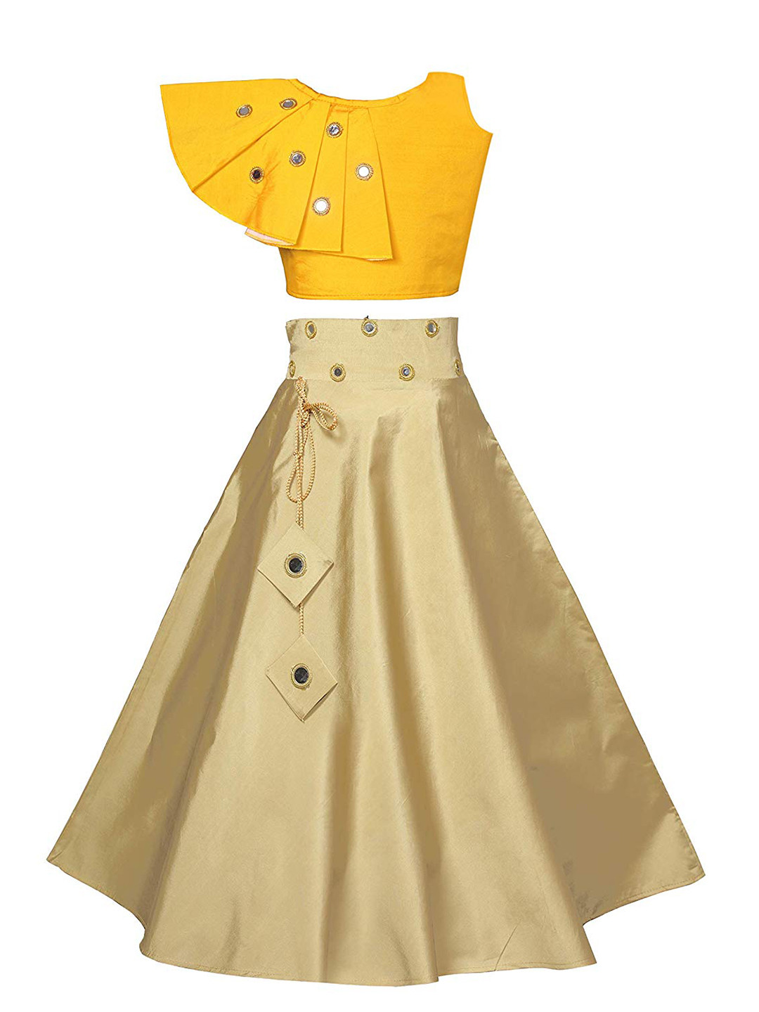 

White World Girls Yellow & Cream-Coloured Mirror Work Ready to Wear Lehenga &