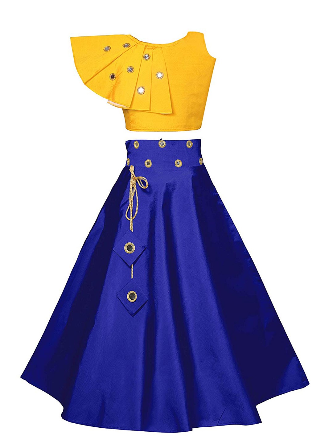 

White World Girls Yellow & Blue Mirror Work Ready to Wear Lehenga &