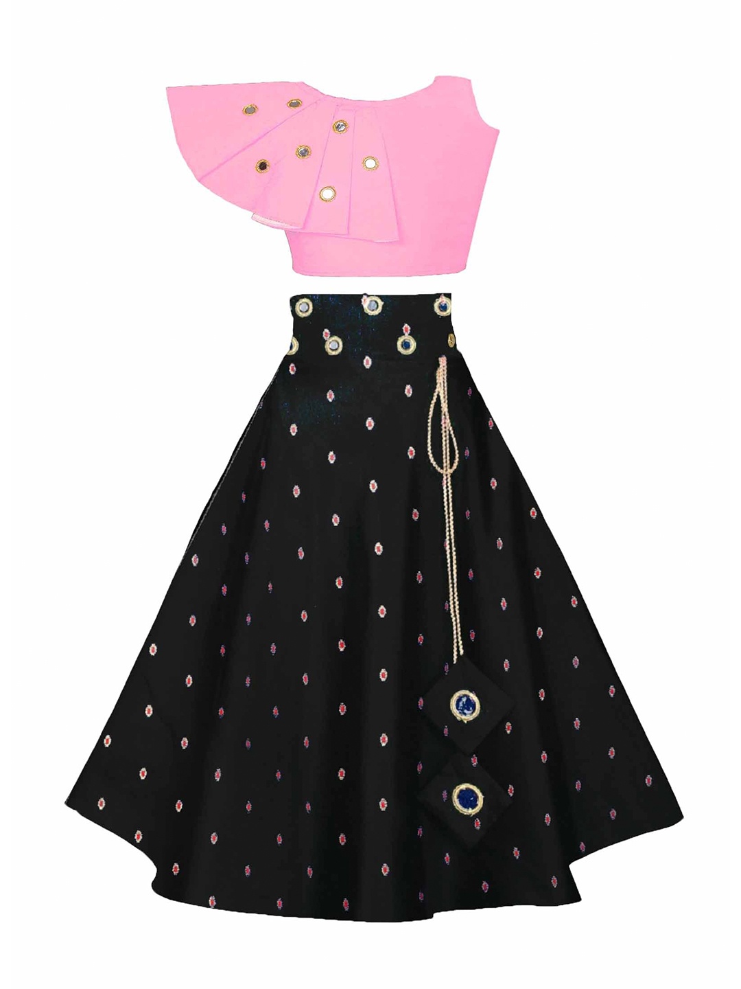 

White World Girls Pink & Black Mirror Work Ready to Wear Lehenga &