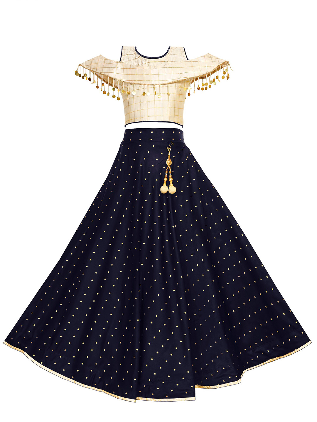 

White World Girls Navy Blue & Cream-Coloured Mukaish Ready to Wear Lehenga &