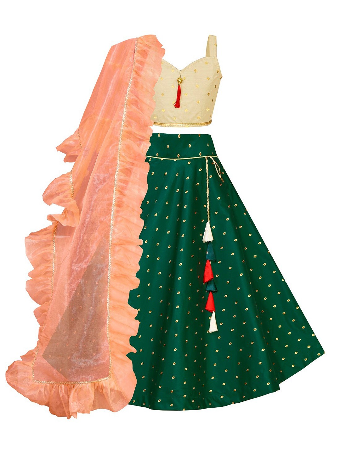

White World Girls Green & Peach-Coloured Ready to Wear Lehenga & Blouse With Dupatta