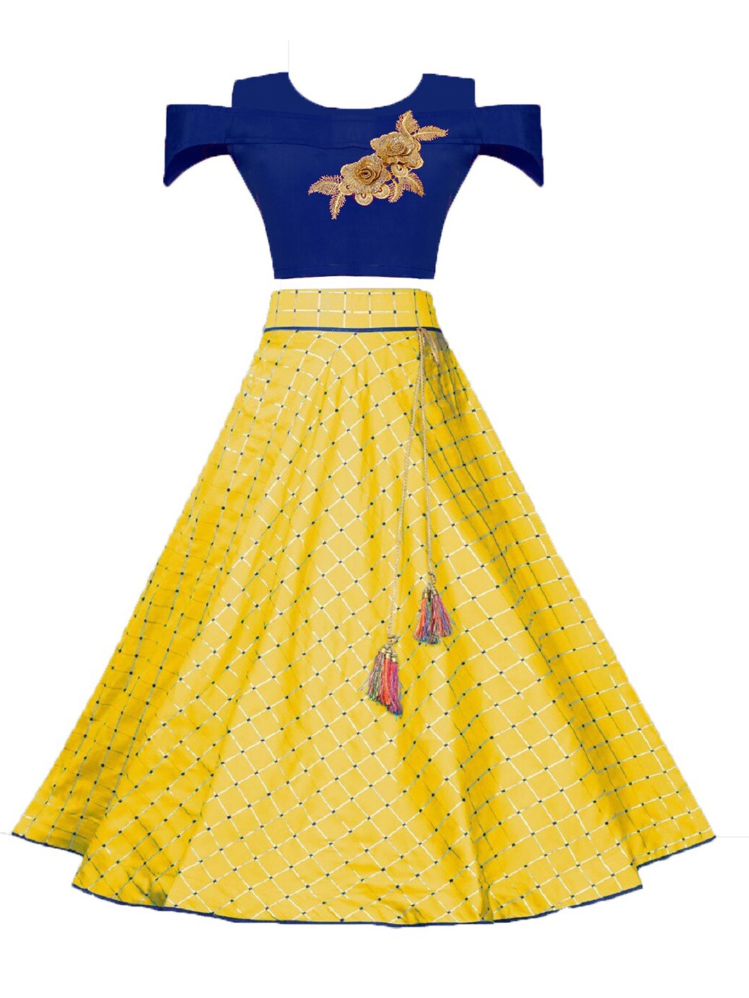 

White World Girls Yellow & Blue Patchwork Ready to Wear Lehenga &