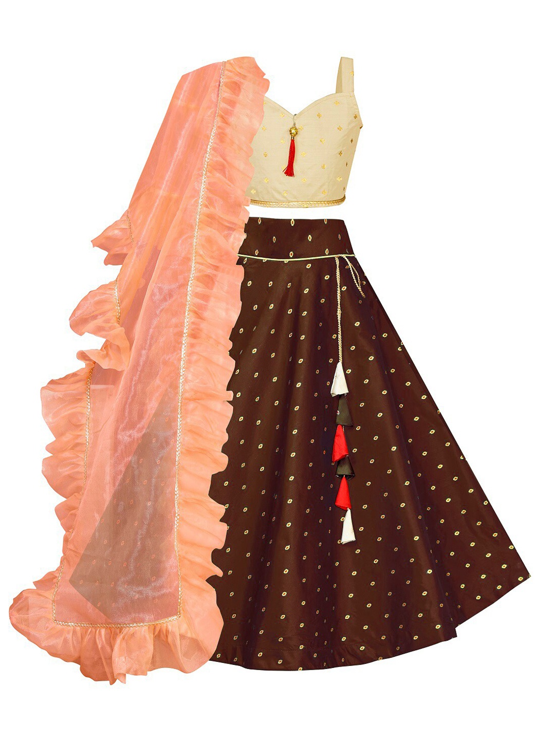 

White World Girls Brown & Peach-Coloured Ready to Wear Lehenga & Blouse With Dupatta
