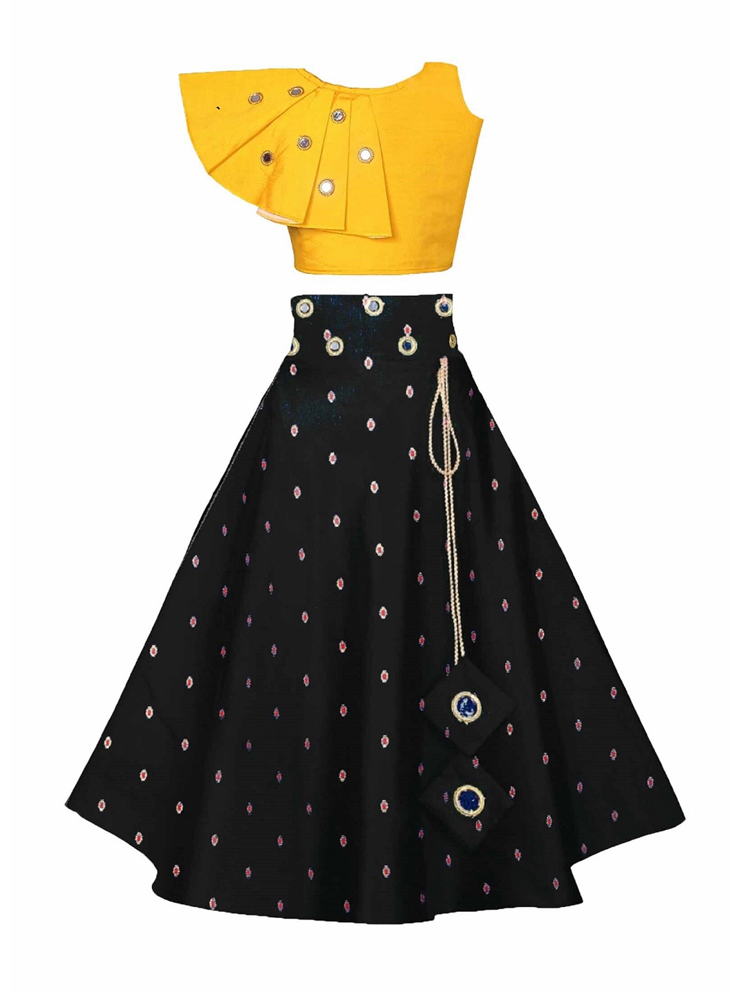 

White World Girls Yellow & Black Mirror Work Ready to Wear Lehenga &
