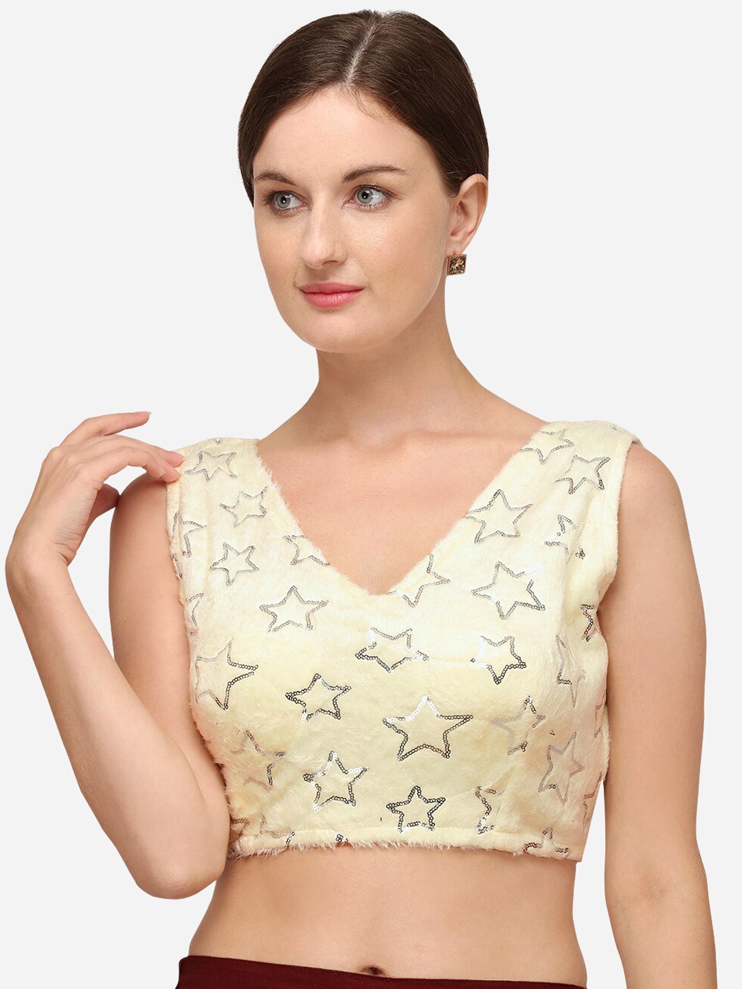 

Fab Dadu Cream-Colored V-Neck Sequinned Saree Blouse