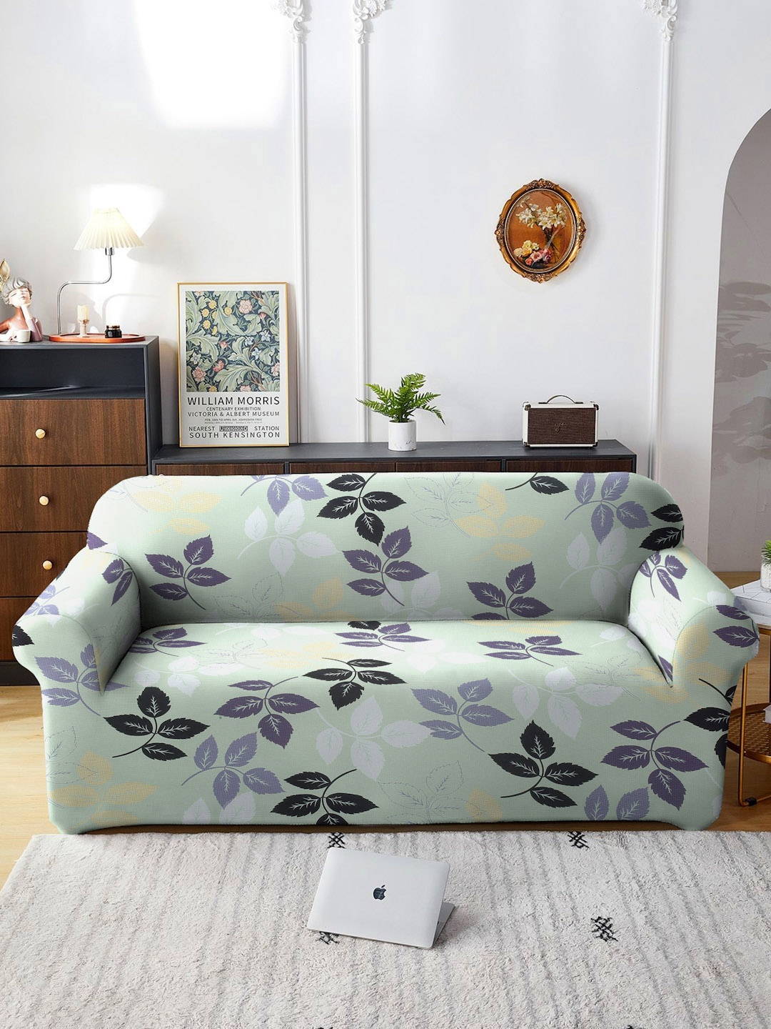 Cortina Green Printed 3 Seater Stretchable Non-Slip Sofa Cover