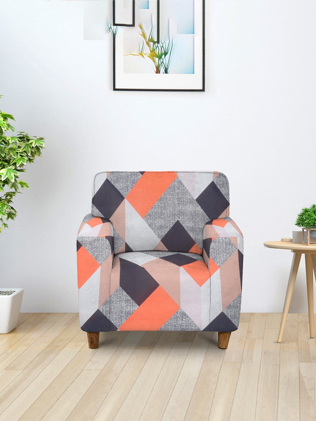 Cortina Orange Coloured Printed Stretchable Non-Slip Sofa Cover