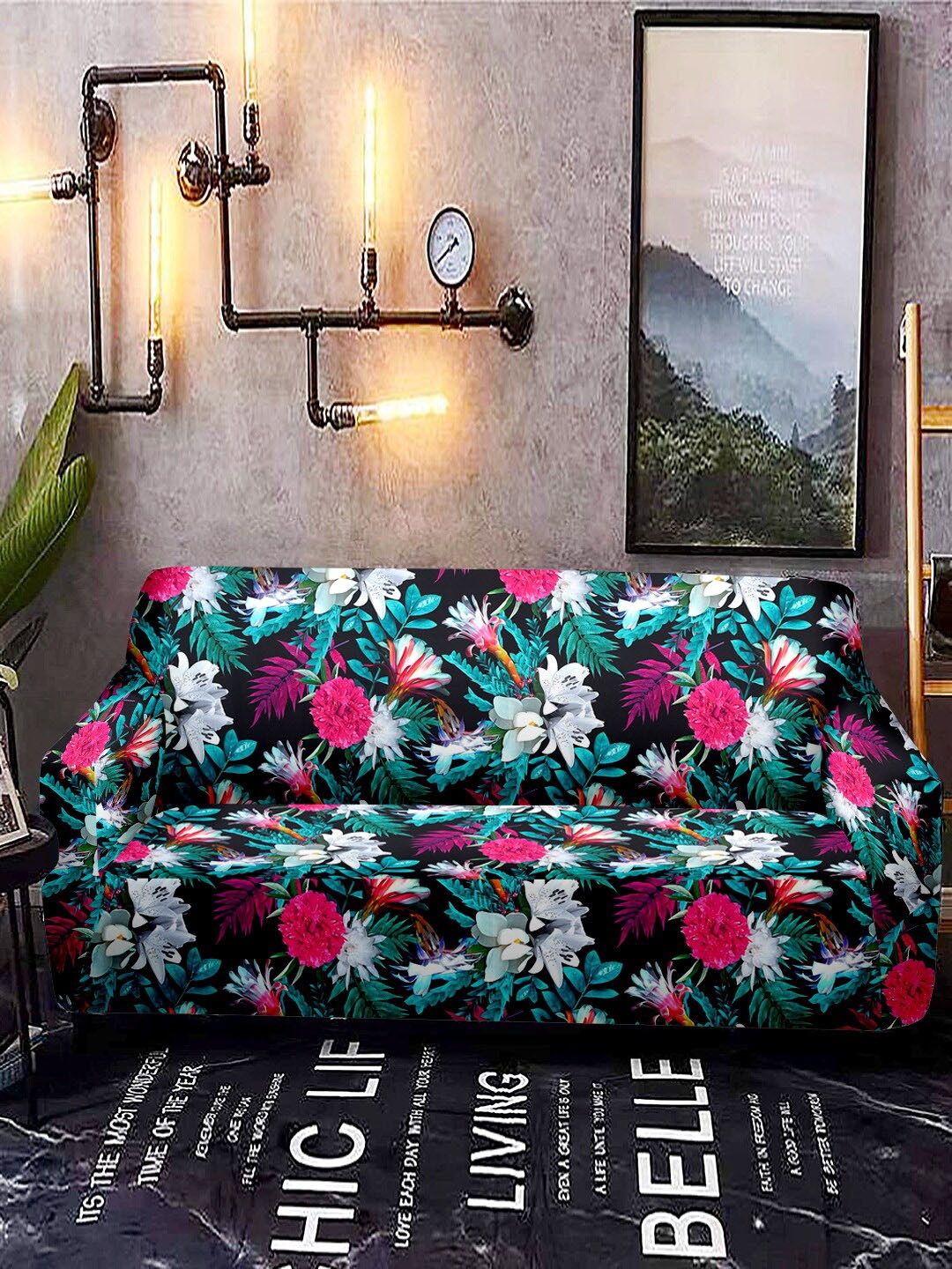 

Cortina Black & Pink Printed Stretchable Non-Slip Sofa Cover