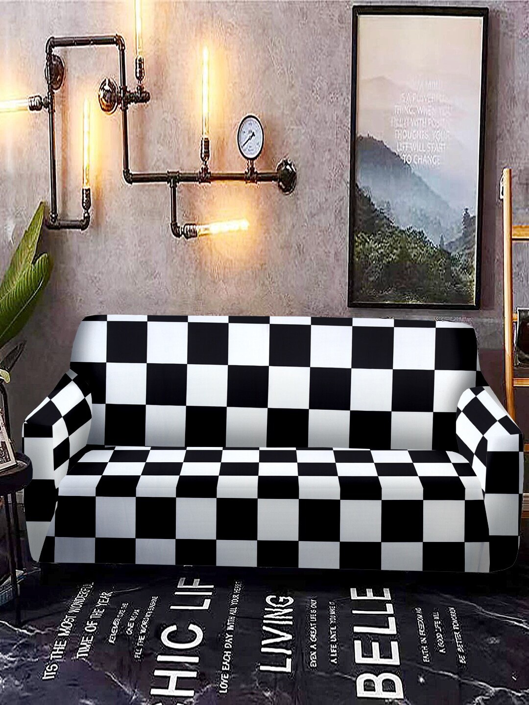 

Cortina Black & White Checked Stretchable Non-Slip Two Seater Sofa Covers