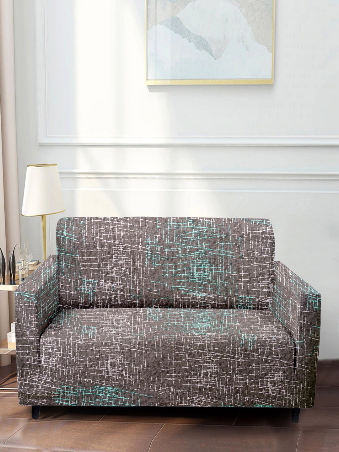 Cortina Brown Printed Stretchable Non-Slip 2-Seater Sofa Covers